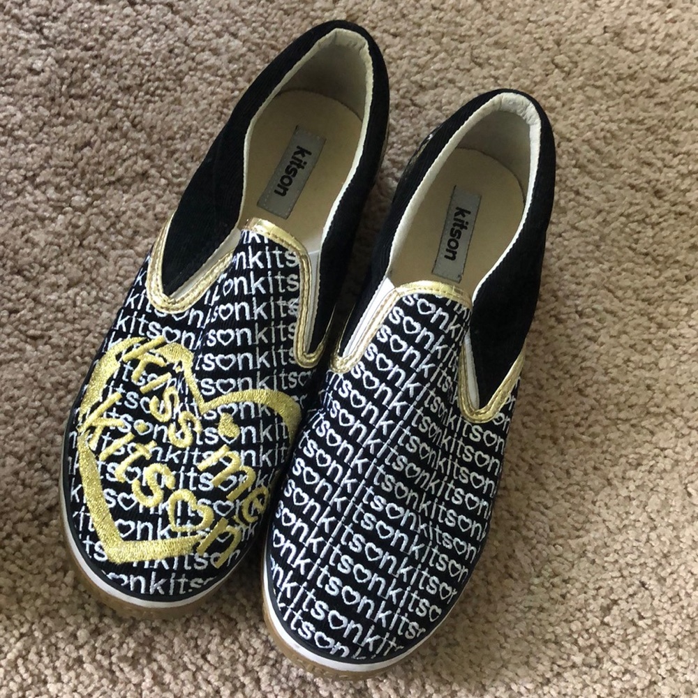 Kitson slip on sneakers black and gold sz 8